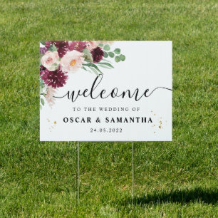 Trendy Watercolor Burgundy Blush Pink Floral Sign
