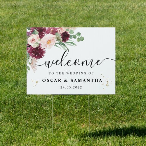 Trendy Watercolor Burgundy Blush Pink Floral  Sign