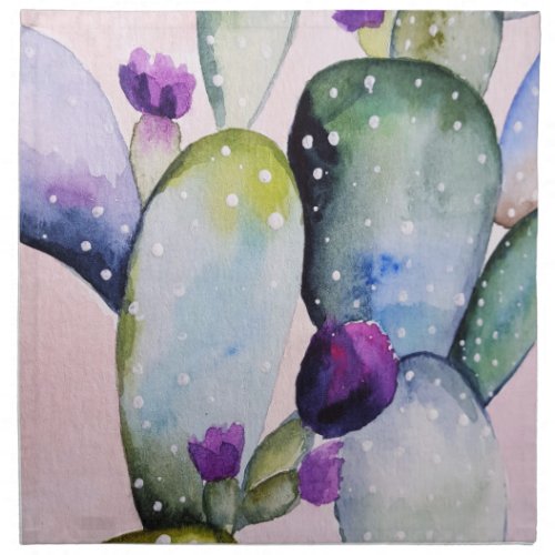 Trendy Watercolor Cactus  Purple Blossoms Cloth Napkin