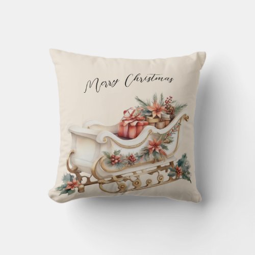 Trendy Watercolor Christmas Sleigh Throw Pillow