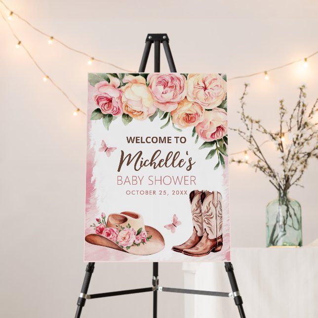 Trendy Watercolor Cowgirl Baby Shower Welcome Sign (In Situ (Stand))