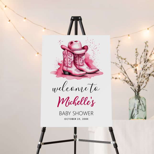 Trendy Watercolor Cowgirl Baby Shower Welcome Sign (In Situ (Stand))