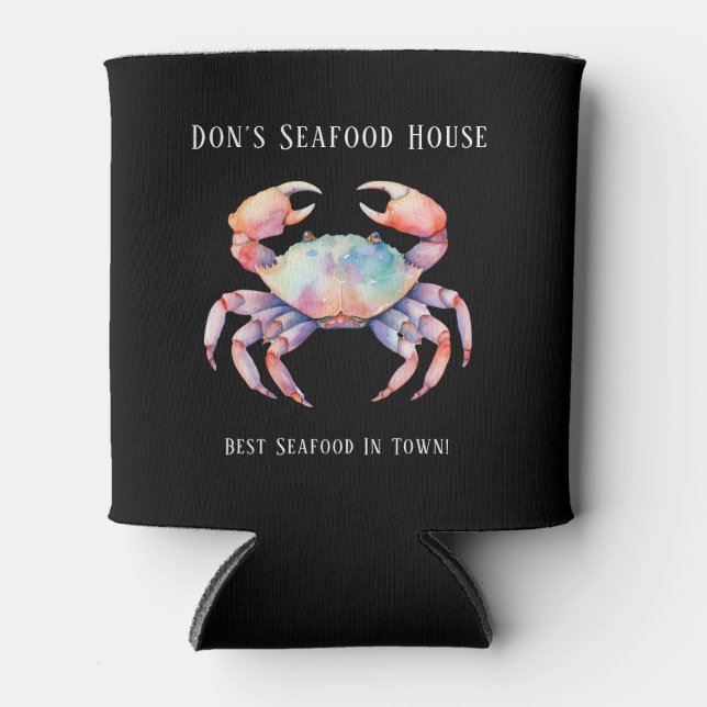 Trendy Watercolor Crab Company/Restaurant Custom Can Cooler (Front)