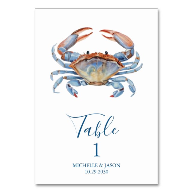 Trendy Watercolor Crab Nautical Table Number (Front)