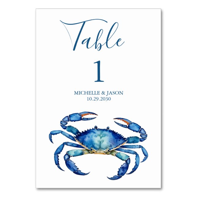 Trendy Watercolor Crab Nautical  Table Number (Front)