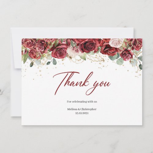 Trendy Watercolor deep red and blush roses wedding Thank You Card