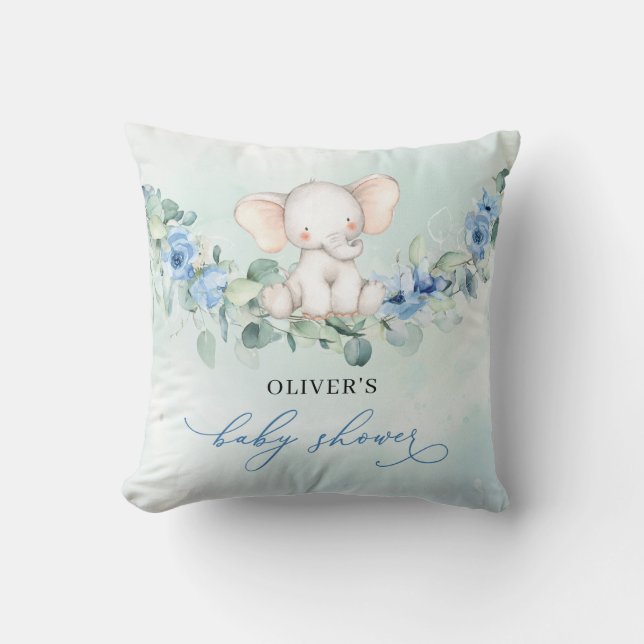 Trendy watercolor elephant blue floral eucalyptus throw pillow (Front)