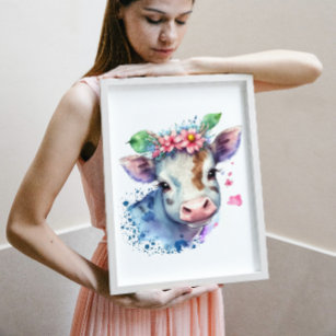 Calf Watercolour Jersey Cow Picture Nursery Art Farmyard 