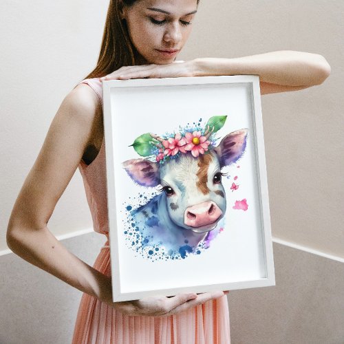 Trendy Watercolor Farm Cow and Wildflowers Nursery Poster