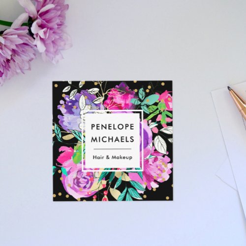 Trendy Watercolor Floral Bouquet on Black Square Business Card