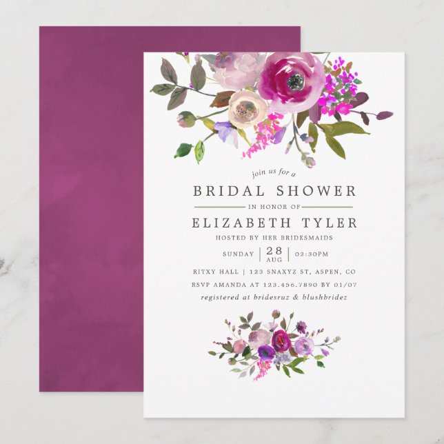 Trendy Watercolor Floral Bridal Shower Invitation (Front/Back)