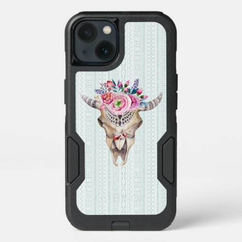 Trendy Watercolor Floral Bull Skull iPhone 13 Case