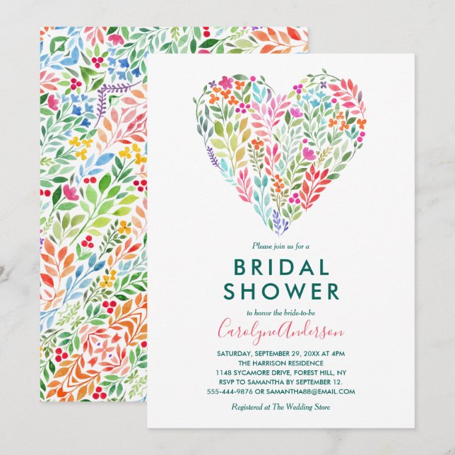 Trendy Watercolor Floral Heart Bridal Shower Invitation (Front/Back)