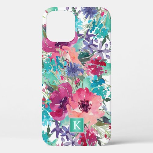 Trendy Watercolor Floral Pattern with Any Monogram iPhone 12 Pro Case