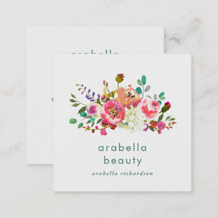Trendy Watercolor Floral   Social Media Icons Square Business Card