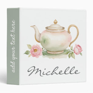 Trendy Watercolor Floral Tea Pot  3 Ring Binder