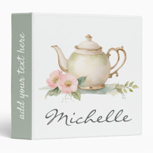 Trendy Watercolor Floral Tea Pot 3 Ring Binder
