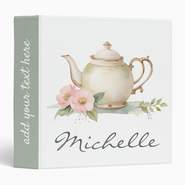 Trendy Watercolor Floral Tea Pot  3 Ring Binder (Front/Spine)