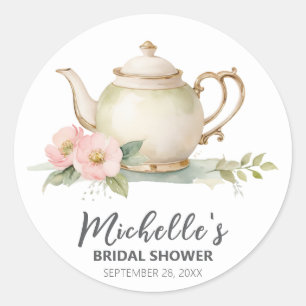 Trendy Watercolor Floral Tea Pot Bridal Shower Classic Round Sticker