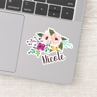 Trendy Watercolor Floral with Name Sticker