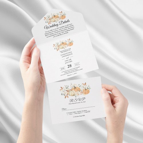 Trendy Watercolor Flowers  Pumpkins Autumn  All In One Invitation