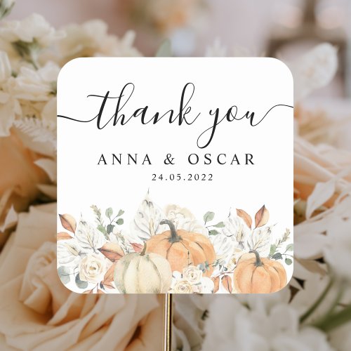 Trendy Watercolor Flowers  Pumpkins Autumn  Square Sticker