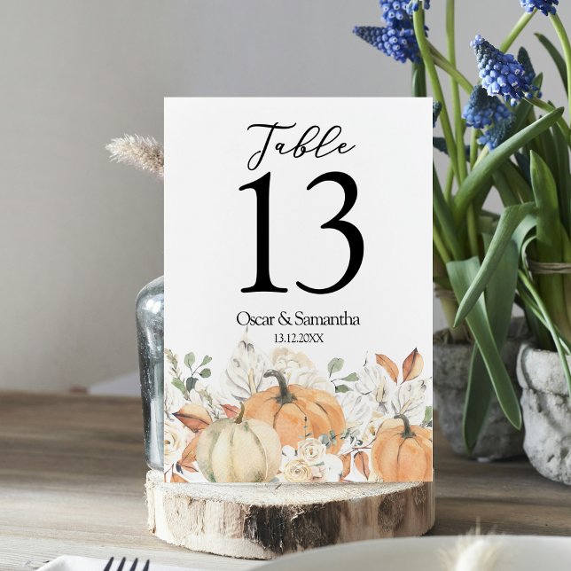 Trendy Watercolor Flowers & Pumpkins Autumn  Table Number (Creator Uploaded)