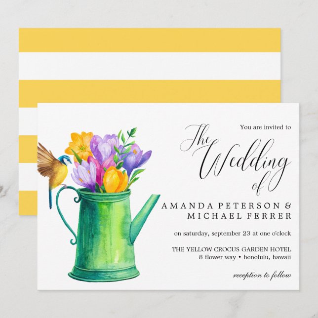 Trendy Watercolor Flowers watering can  wedding Invitation (Front/Back)
