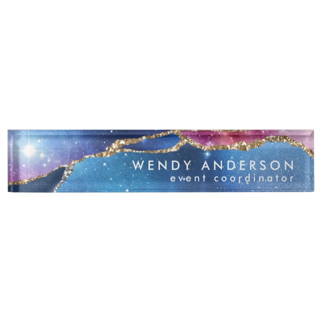 Trendy Watercolor Galaxy Gold Glitter Agate Desk Name Plate (Front)