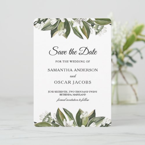 Trendy Watercolor Green Leaves  White Flower Save The Date