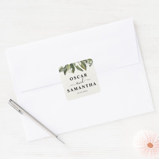 Trendy Watercolor Green Leaves & White Flower Square Sticker (Envelope)