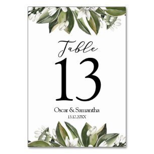 Trendy Watercolor Green Leaves & White Flower Table Number