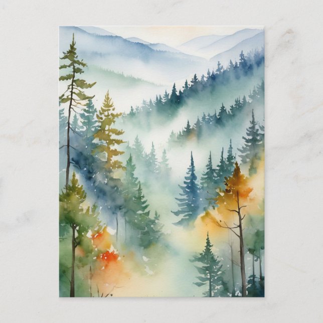 Trendy Watercolor Green Pine Forest Mountain       Postcard (Front)