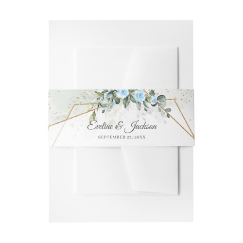 Trendy Watercolor Ice blue flowers Eucalyptus gold Invitation Belly Band