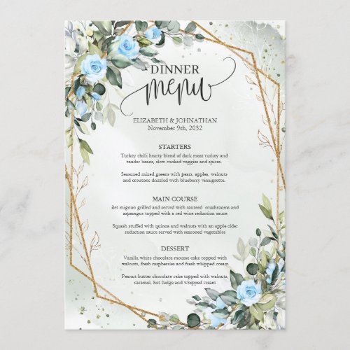 Trendy Watercolor Ice blue flowers Eucalyptus gold Menu