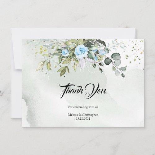 Trendy Watercolor Ice blue flowers Eucalyptus gold Thank You Card