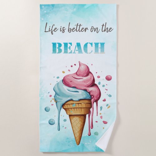 Trendy Watercolor Ice cream Dripping Beach Towel