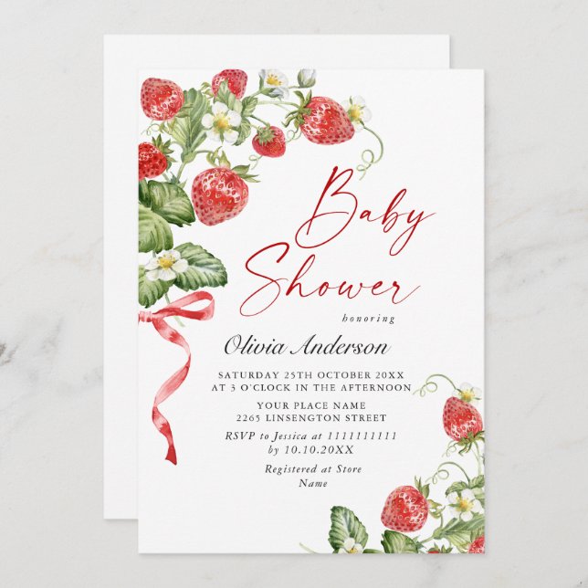 Trendy Watercolor Meadow Strawberry Baby Shower Invitation (Front/Back)