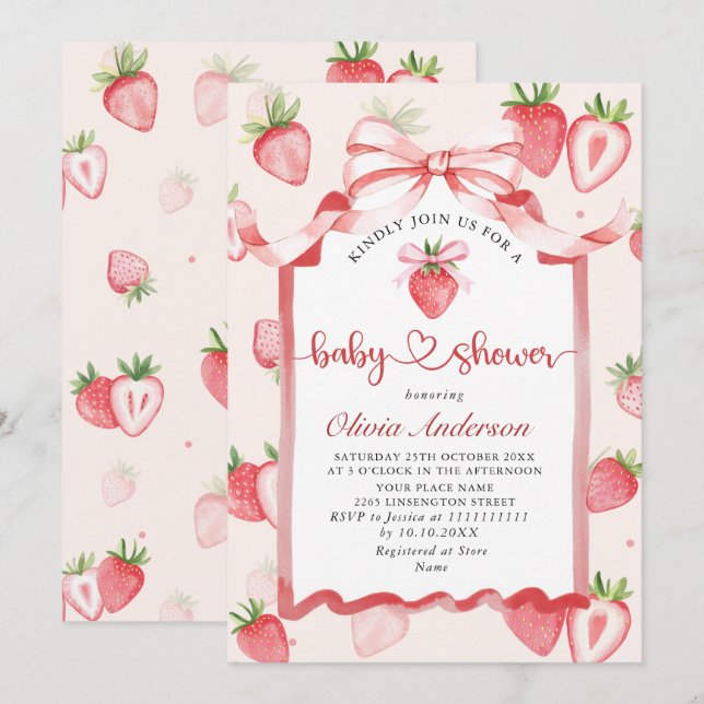 Trendy Watercolor Meadow Strawberry Baby Shower Invitation (Front/Back)
