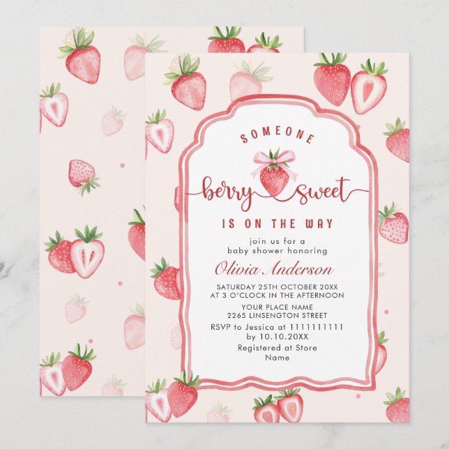Trendy Watercolor Meadow Strawberry Baby Shower Invitation (Front/Back)