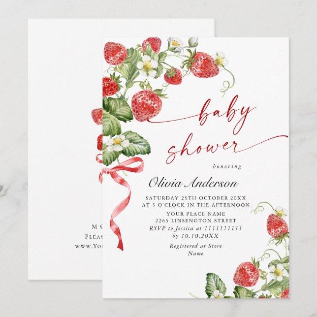 Trendy Watercolor Meadow Strawberry Baby Shower Invitation (Front/Back)