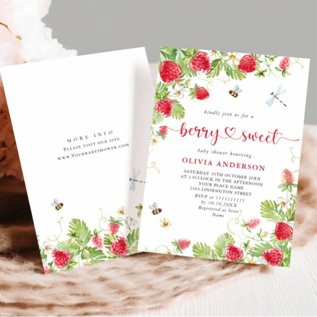 Trendy Watercolor Meadow Strawberry Baby Shower Invitation (Creator Uploaded)