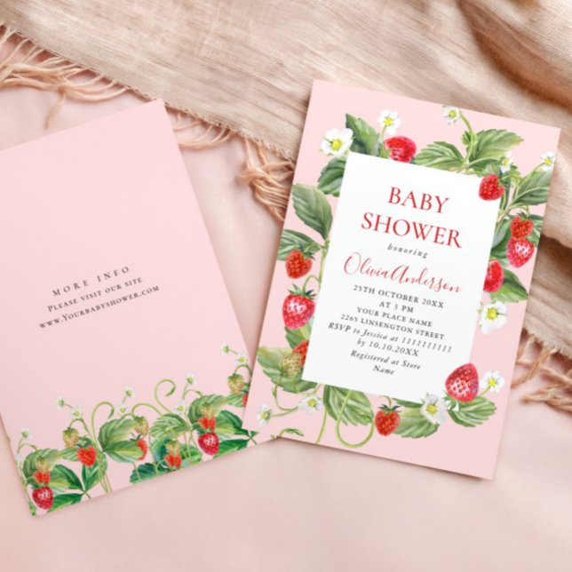 Trendy Watercolor Meadow Strawberry Baby Shower Invitation (Creator Uploaded)