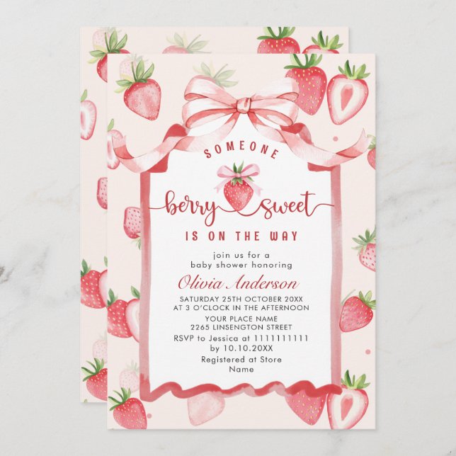Trendy Watercolor Meadow Strawberry Baby Shower Invitation (Front/Back)