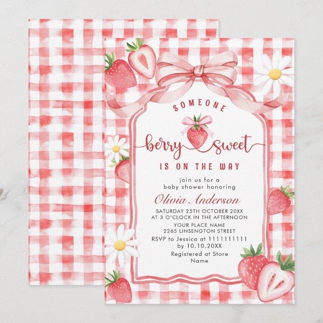 Trendy Watercolor Meadow Strawberry Baby Shower Invitation (Front/Back)