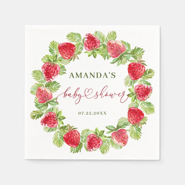 Trendy Watercolor Meadow Strawberry Baby Shower Napkins (Front)