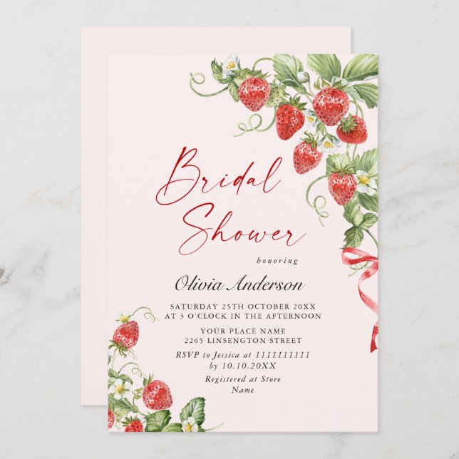 Trendy Watercolor Meadow Strawberry Bridal Shower Invitation (Front/Back)