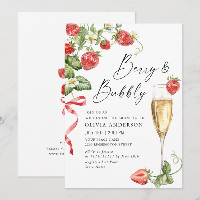Trendy Watercolor Meadow Strawberry Bridal Shower Invitation (Front/Back)