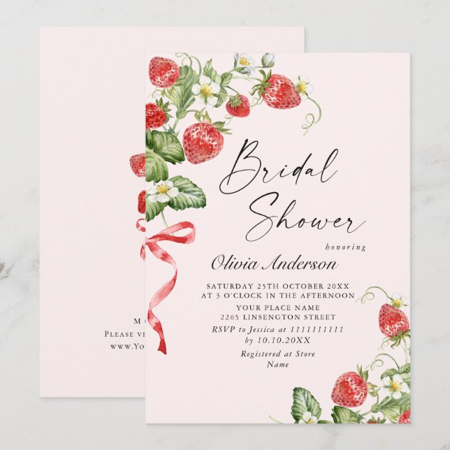 Trendy Watercolor Meadow Strawberry Bridal Shower Invitation (Front/Back)