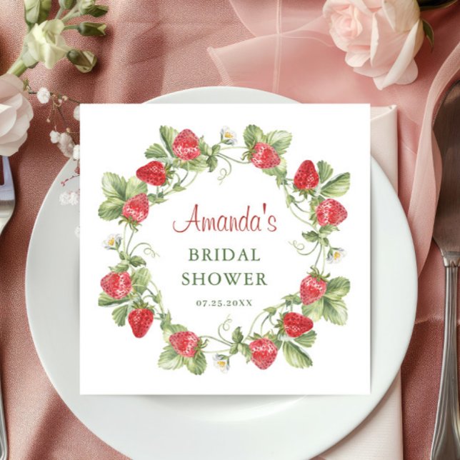 Trendy Watercolor Meadow Strawberry Bridal Shower Napkins (Creator Uploaded)